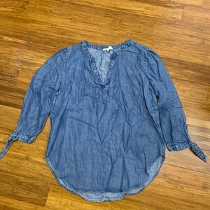 LOFT Lounge Chambray Blouse Womens Size XS Blue Tie Sleeve Top Casual Denim Boho